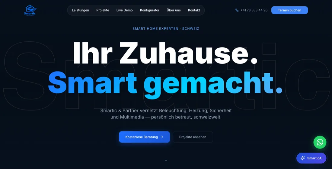 Aufnahme der bestehenden Smartic-Website mit dem Titel Ihr Zuhause. Smart gemacht.