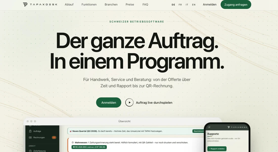 Aufnahme der bestehenden TAPAXDESK-Website mit dem Titel Der ganze Auftrag. In einem Programm.